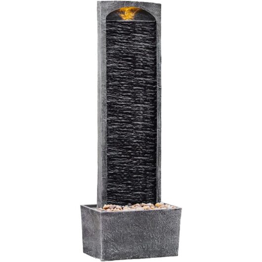 Garden Outdoor Water Feature, Large Straight Tall Water Fountain, Waterfall Design, With led Lights, Slate Effect, 34 x 22 x 98 (cm) - Teamson Home