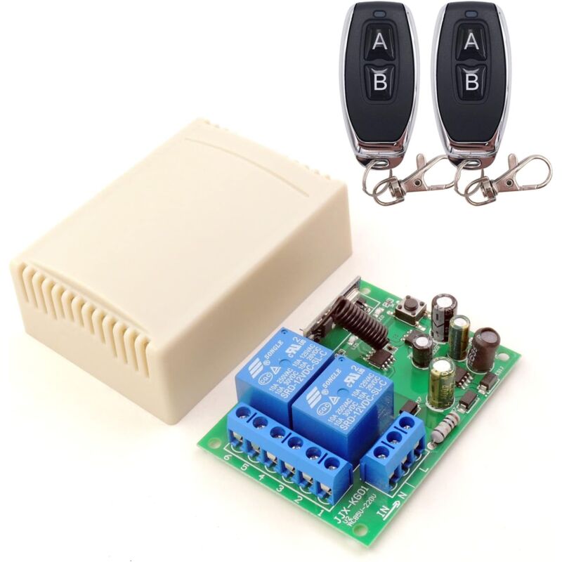 433.92MHZ RF Wireless Remote Switch, 2 Channel AC85V-250V Relay Receiver with 2 Remotes for Garage Door/Roller Shutter/Lights/Pumps DIY Radio Control