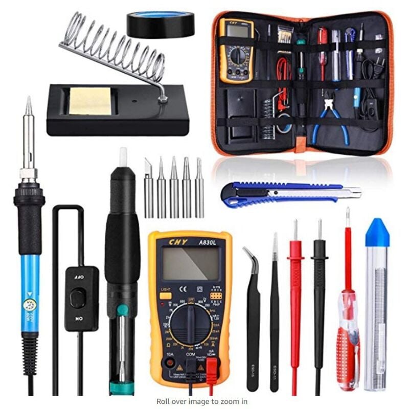 Aiperq - Soldering Iron Set 60W 220V Adjustable Temperature Soldering with On/Off Switch Multimeter Desoldering Pump 5 Soldering Tips for Various