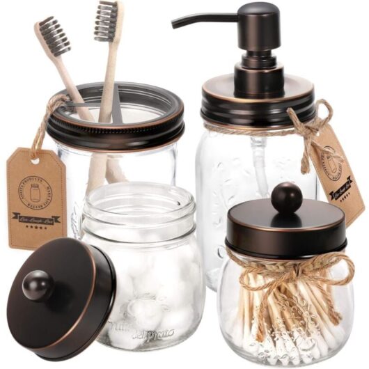 Bathroom Accessory Set 4 - Oil Rubbed Bronze - Mason Jar Soap Dispenser and 2 Apothecary Jars and Toothbrush Holder - Rustic Farmhouse Bathroom Decor