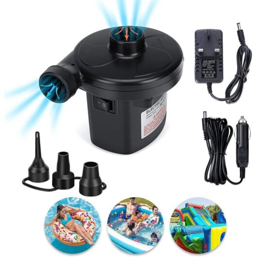 Portable Electric Air Pump, DC 12V/AC 230-240V Fast Fill Electric Air Pump Air Pump for Inflatable Air Mattress Toy Cushion Swimming Pool Floating Bed
