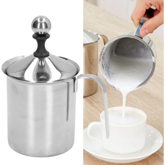 Rose - 400ml manual milk frother, stainless steel double mesh, latte cappuccino coffee foam pitcher, with handle, lid, double layer filter