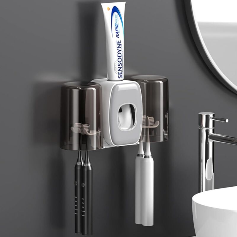 Gray Wall Mounted Toothbrush Holder, Toothbrush Holder with Automatic Toothpaste Dispenser, Toothbrush Holder with 4 Brush Slots, 2 Cups, No Drilling