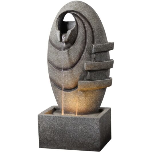 Garden Outdoor Water Feature Modern Oval Water Fountain With Warm led Lights Grey - Teamson Home