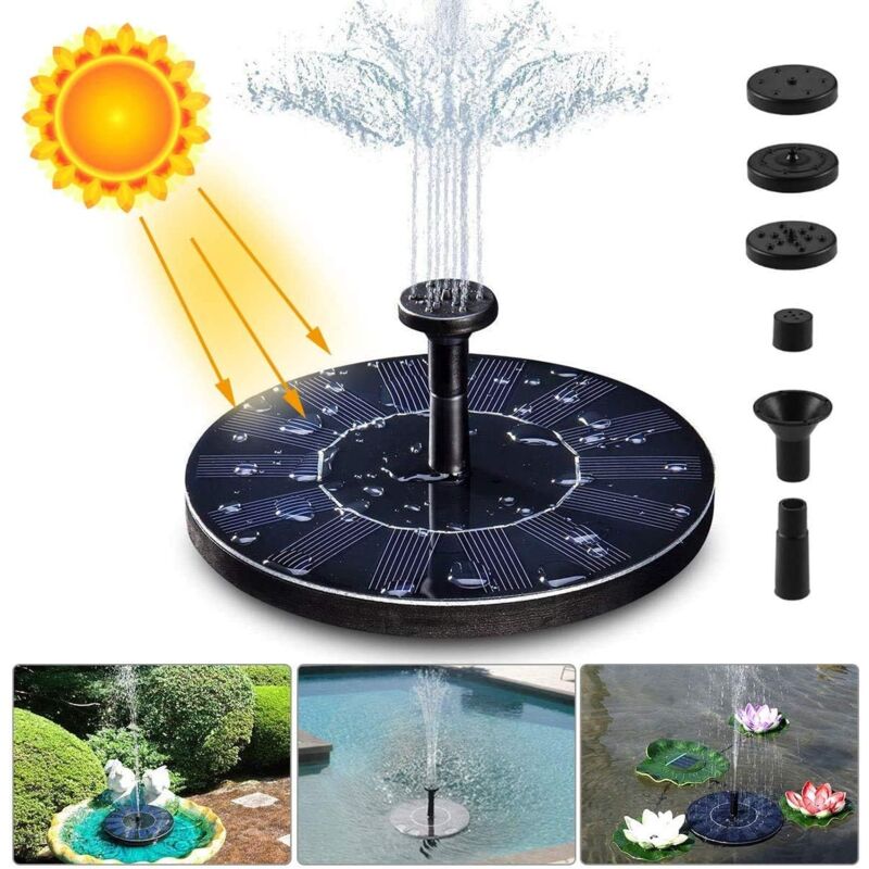 Ikodm - Solar Fountain Pump, 1.4W 150L/h Solar Water Pump (Max 70cm) + 4 Nozzles, Mini Solar Pump for Decorative Garden Pond Fountains (No Battery or