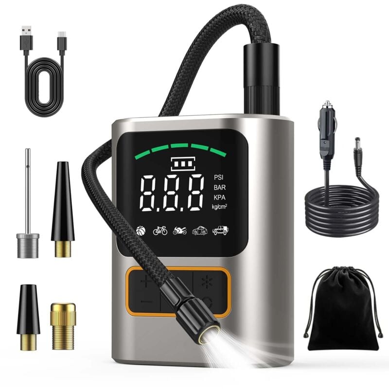 Tinor - Mini Electric Air Pump, New Version Car Tire Inflator Car Bicycle Pump Digital lcd Display, 4000mAH, 150PSI, Portable Air Compressor for Car,