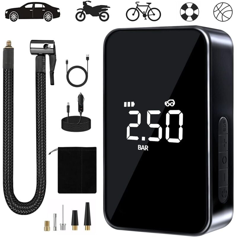 Tinor - Portable Air Compressor, Mini Electric Inflator, Electric Bicycle Pump, Compressor with Digital Display led Light and usb c Port