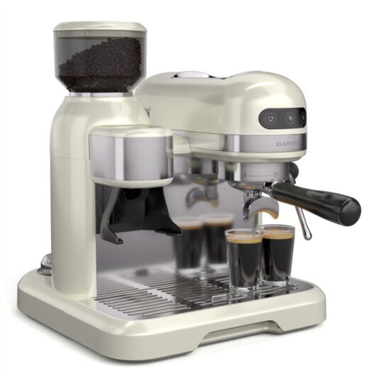 Klarstein - Bella Café Espresso Machine - 19-Bar, 1550W, Built-in Grinder, Milk Frother, 1.4L Water Tank, Thermo Block, 2-Cup Spout, Cream, Espresso