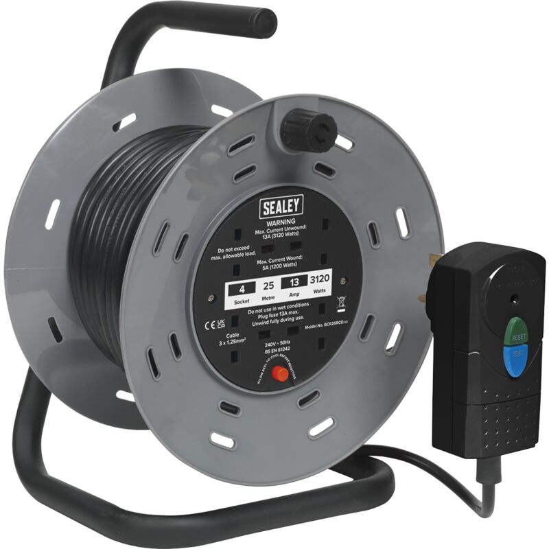 Sealey - BCR25RCD 25m Cable Reel with Thermal Trip & rcd Plug 4 x 230V