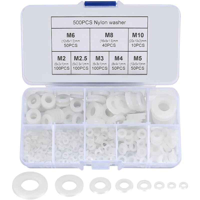 500 Pieces Nylon Flat Washers, Round Insulation Spacer Seals, Plumbing Assortment Kit - White, M2/M2.5/M3/M4/M5/M6/M8/M10