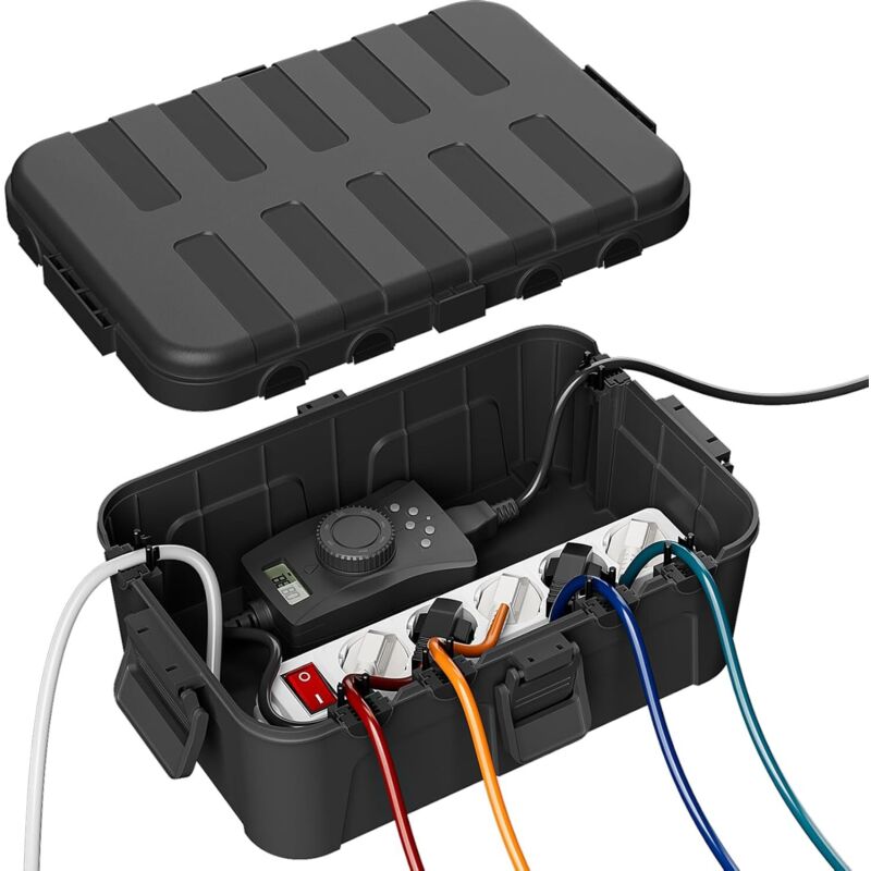 Extra Large Cable Box (34 x 24 x 12 cm), IP54 Waterproof, External Cable Safe, Weatherproof Socket Cover to Protect Power Strip, Timer Socket, Black