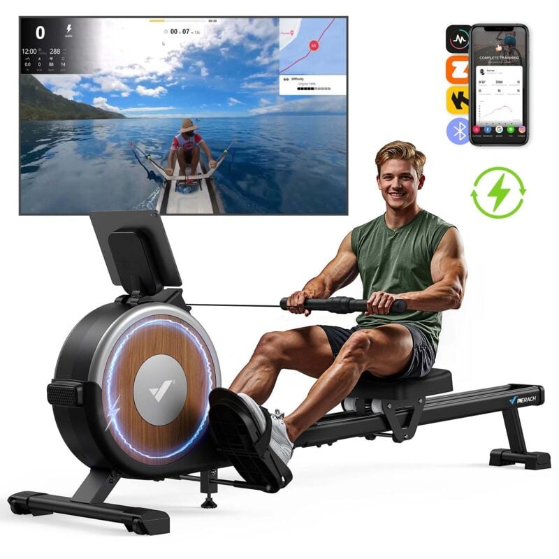 MERACH Rowing Machine for Home Gym, Eco-Magnetic Rower with 16 Levels of Quiet Resistance, Dual Slide Rails, App Compatible, MAX 160kg/350lbs