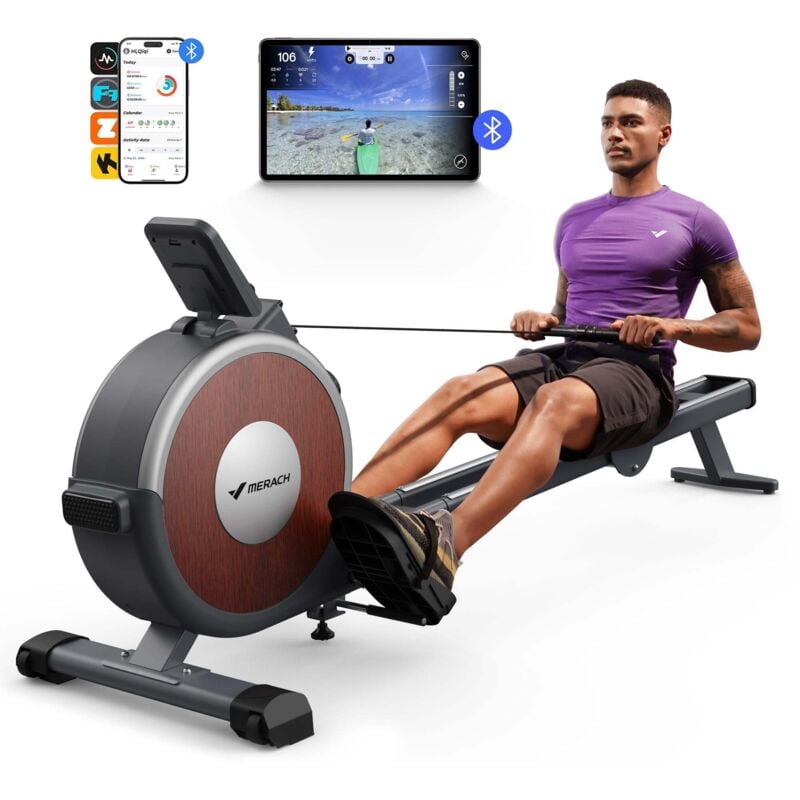 MERACH Rowing Machine for Home, Magnetic Rower with 16 Levels of Quiet Resistance, Dual Slide Rails, MAX 158 kg, Compatible Kinomap/Zwift/Merach-APP