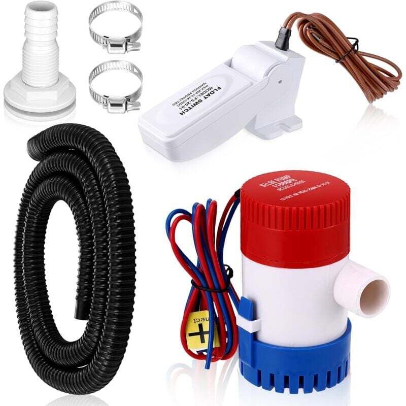 1100GPH 12V Marine Electric Bilge Pump with 12V, 24V, and 32V Float Switch, Protected Ignition, Includes Hose, Hose Clamps, and Through Connectors