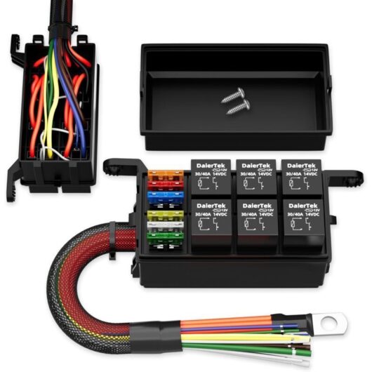 12V 6-way 12 AWG pre-wired waterproof relay box with 6 slots, ATC/ATO fuse relay block, universal relay panel for automotive and marine applications.