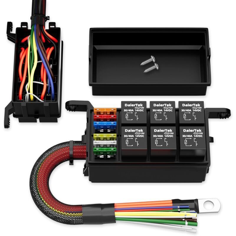 12V 6-way 12 AWG pre-wired waterproof relay box with 6 slots, ATC/ATO fuse relay block, universal relay panel for automotive and marine applications.