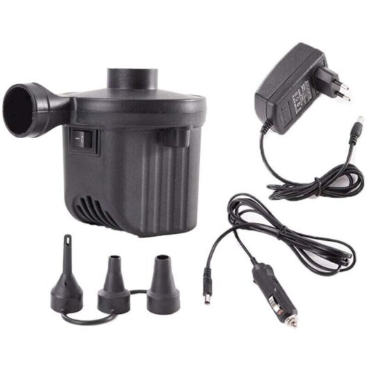 2-in-1 portable electric air pump for home and car use, fast inflation and deflation, 3 nozzles, for camping, AC 240V/DC 12V