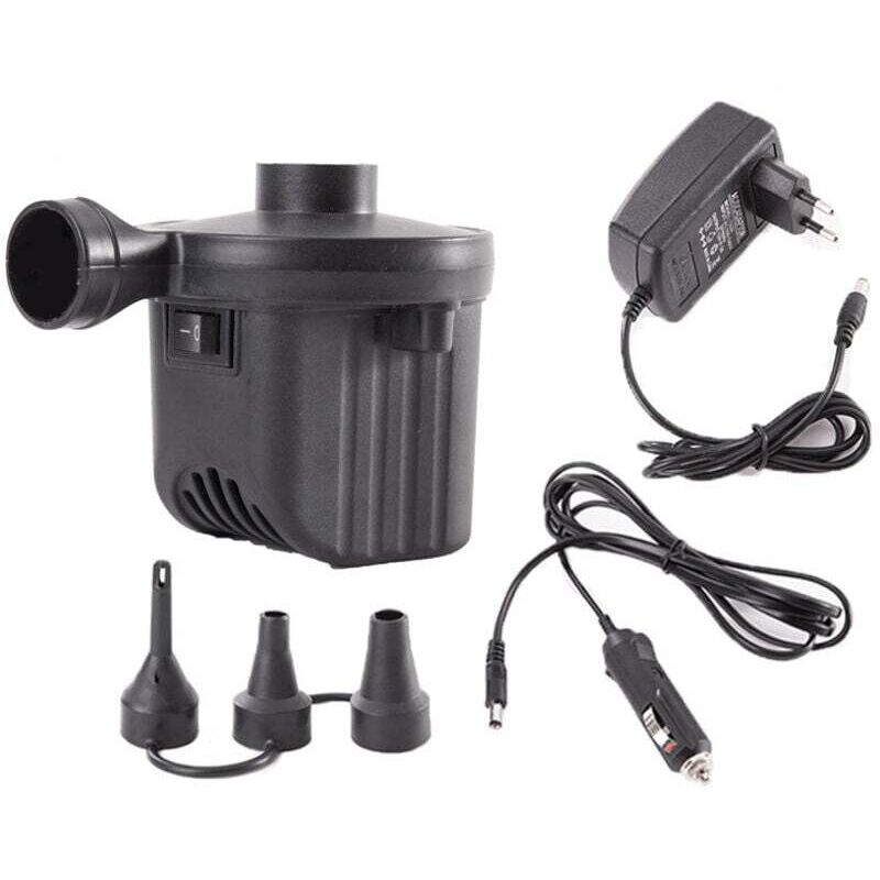 2-in-1 portable electric air pump for home and car use, fast inflation and deflation, 3 nozzles, for camping, AC 240V/DC 12V