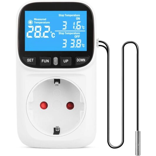 230V Digital Plug-in Thermostat with Probe, Heating and Cooling Temperature Controller, Timer and Temperature Alarm for Greenhouse, Aquarium,