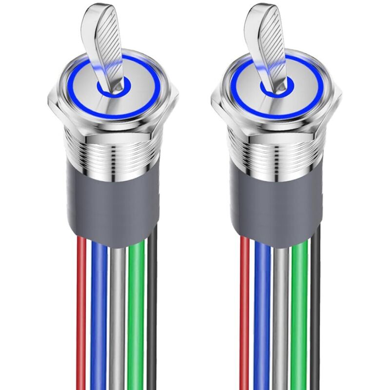 2pcs 16mm Prewired Rocker Switch 12V-24V, SPST ON/OFF LED Switch, IP67 Waterproof Silver Chrome Brass Metal Electrical Switch for Car Marine