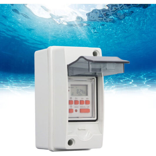 7-day timer switch with 28 programmable on/off times. LCD display. Digital timer switch with waterproof housing. AC85-265V.