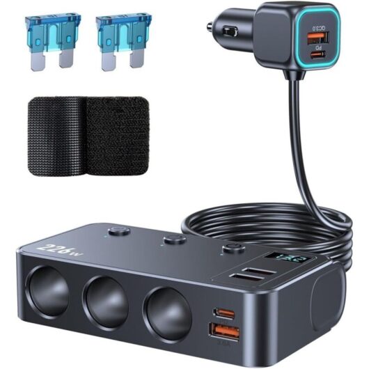 9-in-1 USB Cigarette Lighter Charger, 226W Car Charger Splitter Adapter with 3 Outlets and 6 USB Ports, Fast Charging for 12V/24V Car Devices and