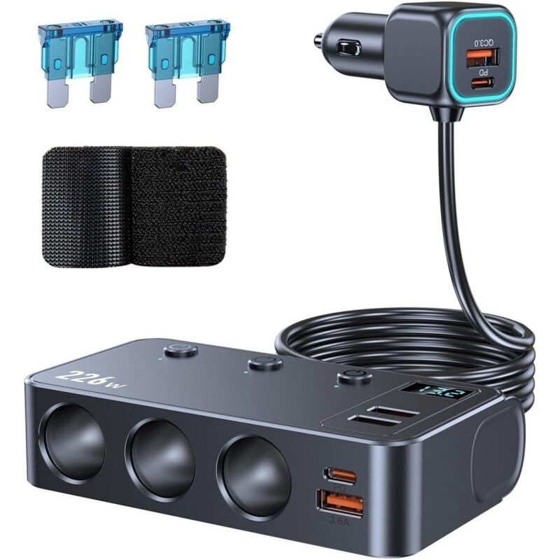 9-in-1 USB Cigarette Lighter Charger, 226W Car Charger Splitter Adapter with 3 Outlets and 6 USB Ports, Fast Charging for 12V/24V Car Devices and
