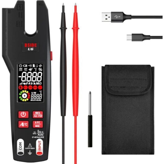 BSIDE 600A AC/DC Clamp Meter, TRMS Automatic Multimeter with IR Thermometer and VFD, 9999 Counts, Measures Voltage and Current Simultaneously, Open