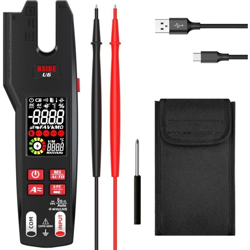 BSIDE 600A AC/DC Clamp Meter, TRMS Automatic Multimeter with IR Thermometer and VFD, 9999 Counts, Measures Voltage and Current Simultaneously, Open