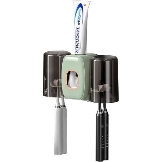 CCYKXA Wall-Mounted Toothbrush Holder with Automatic Toothpaste Dispenser, Includes 4 Toothbrush Holders and 2 Cups, No Drilling Required (Green)
