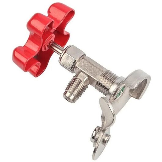 Car air conditioning charging valve with drilling, open valve for most small refrigerant cans