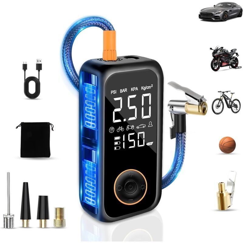 Cordless Car Tire Inflator, 8000mAh Mini Portable Air Compressor, 150PSI Electric Bicycle Pump with Digital LCD Screen and LED Flashlight