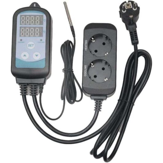Digital Thermostat Plug with 2 Relays, 220V Probe, Temperature Controller for Heating and Cooling in Terrariums, Reptiles, Incubators, Greenhouses,