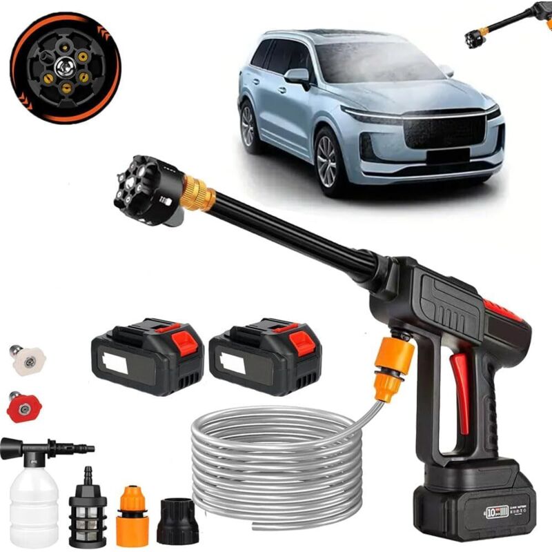 High-pressure cleaner with 5.5 L/min high-power turbocharged piston pump, 6 modes, integrated dual 10-cell battery for extended runtime.