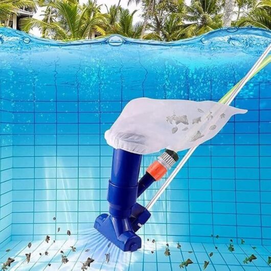 Jet vacuum cleaner for pools, spas, and basins with pole, vacuuming with garden hose, water pressure, blue