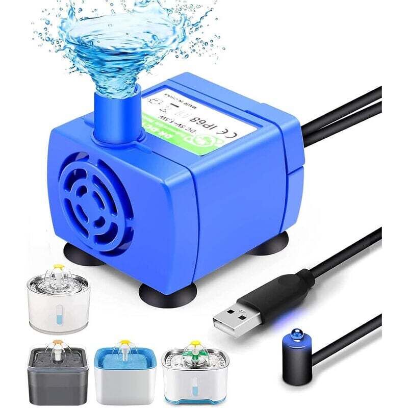 New generation silent submersible electric pump, also suitable as a pump for dog and cat fountains, with LED lighting and low energy consumption.
