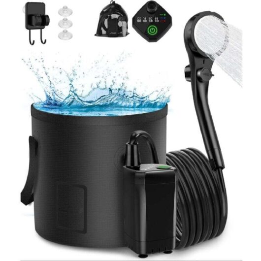 Portable camping shower, outdoor electric shower charging pump with 20L collapsible bucket, camping shower head, suitable for camping, hiking, travel