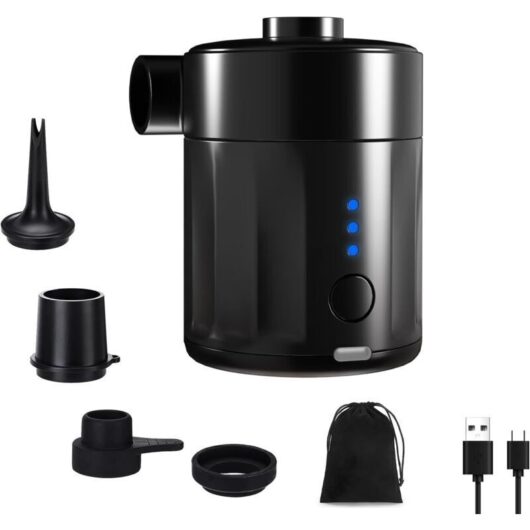 Portable electric air pump for inflatable items, rechargeable air pump for inflatable mattresses - 2-in-1 mini pump with 4 nozzles and storage bag -