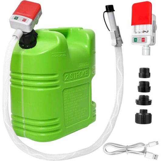 Portable fuel transfer pump with automatic shut-off sensor, 3.2 GPM flow rate, battery/USB powered, with 51" hose and 4-tank adapters, for car