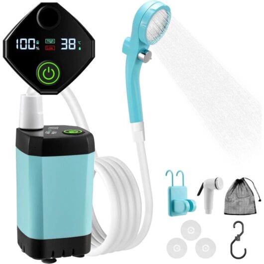 Portable shower for camping, electric outdoor camping shower with 2m hose, shower head, built-in 6000mAh rechargeable battery, smart digital display,