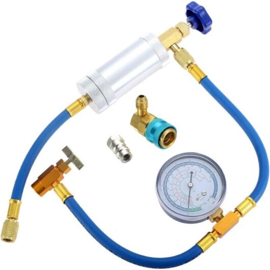 R134A air conditioning oil injection tool - Quick-release bottom end with cheese-like agent - R12 to R134A adapter