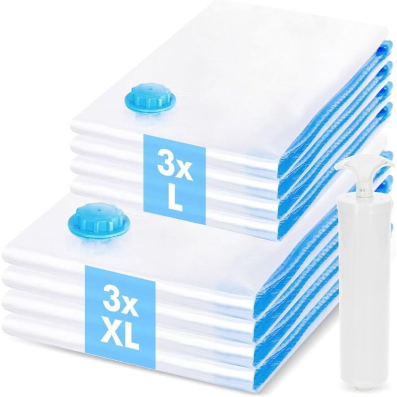 Set of 6 vacuum storage bags for clothes, 3 XL + 3 L, for clothes, duvets, bedding, pillows, with manual pump