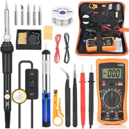 Soldering iron kit - 60W - Soldering iron with adjustable temperature from 200 to 450°C - Soldering tool with digital multimeter and 5 soldering tips