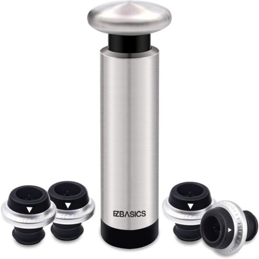 Wine Saver Vacuum Pump with 4 Wine Bottle Stoppers, Stainless Steel
