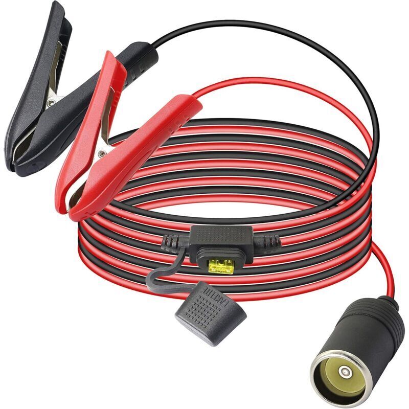12V/24V Car Battery Clip-on to Cigarette Lighter Plug Female Adapter Extension Cable with 20A Fuse - 5.9Ft