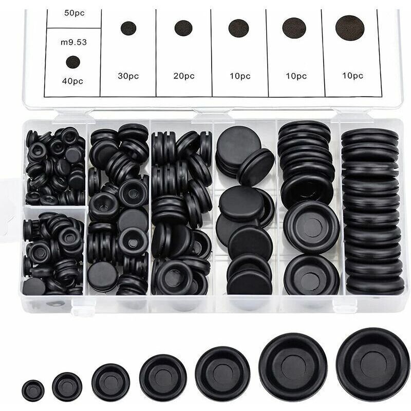 170 Pcs Rubber Cable Grommets Assortment Eyelet Rubber Plugs Electrical Wire Ring Seal Kit with Storage Box for Car Water Hose Pump 7 Sizes Black