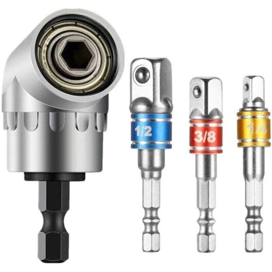 1pc Right Angle Drill Bit and 3pcs Socket Adapters 1/2" 3/8" 1/4" 105 Degree Magnetic Quick Change Angle Screwdriver Kit for Electric Drill