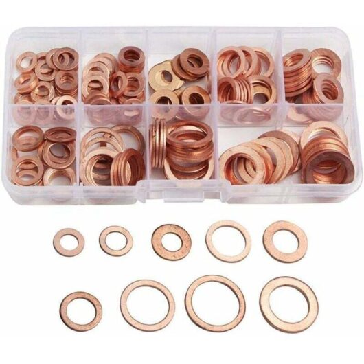200pcs Copper Washer Ring Metric Washer Gasket Kit Assortment 9 Sizes M5-M14 with Box Oil Pan Plug Sealing Tool Accessories