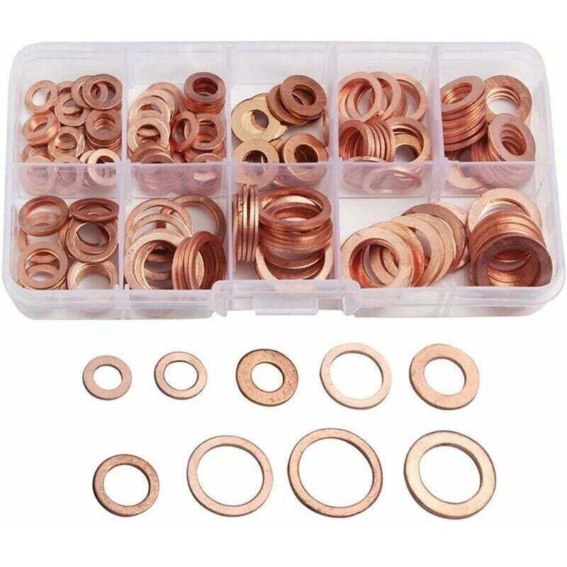 200pcs Copper Washer Ring Metric Washer Gasket Kit Assortment 9 Sizes M5-M14 with Box Oil Pan Plug Sealing Tool Accessories