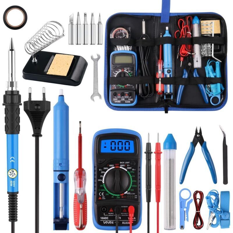 24-in-1 soldering iron kit, 60W, adjustable temperature from 200 to 450°C, electric soldering kit with 5 soldering tips, digital multimeter,